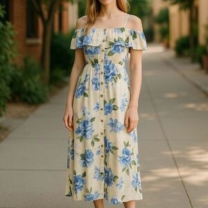 NWT  Justice Juniors sz 14  Blue Floral Midi/Maxi Dress off shoulder lined party